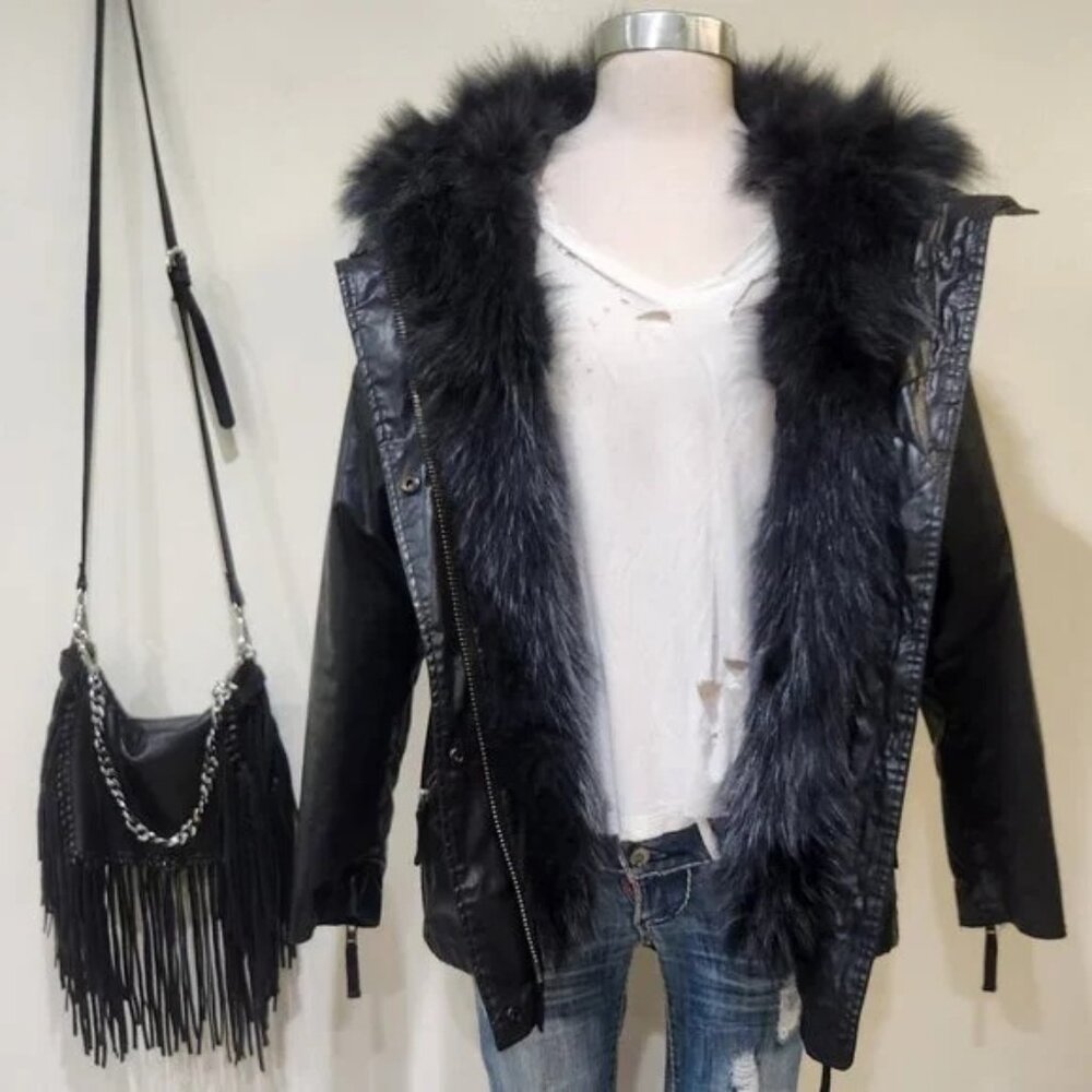 💥STUNNING!💥SAM. VTG 100% SILVER FOX FUR HOOD/PARTiAL LINING/TRIM BLACK PARKA - Picture 6 of 16
